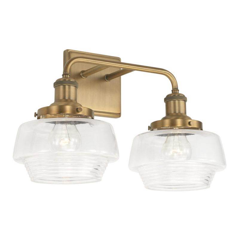 Capital Lighting Miller 2-Light Vanity in Aged Brass with Clear Ribbed Glass