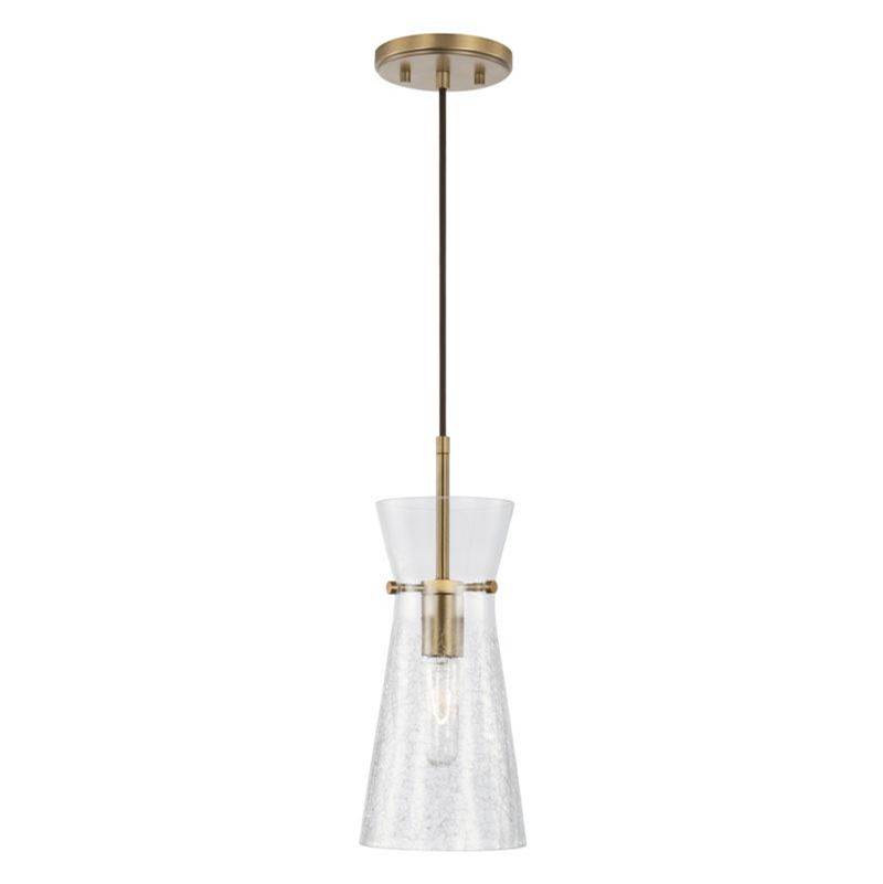 Capital Lighting 1-Light Pendant in Aged Brass with Clear Half-Crackle Glass