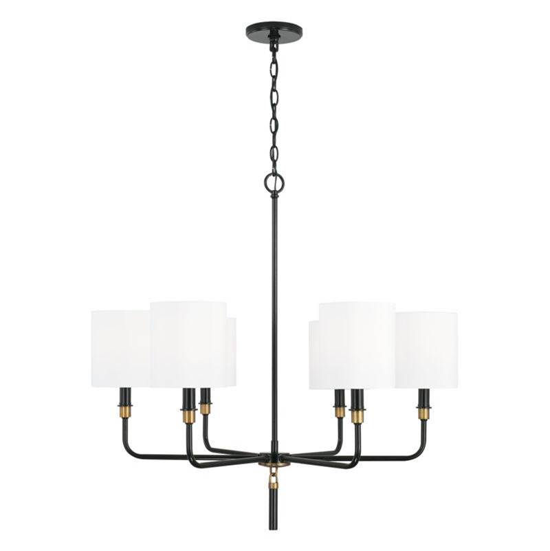 Capital Lighting Beckham 6-Light Chandelier in Glossy Black and Aged Brass with White Fabric Stay-Straight Shade