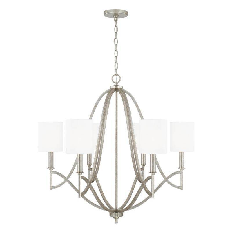 Capital Lighting Sylvia 6-Light Chandelier in Antique Silver with White Fabric Stay-Straight Shades