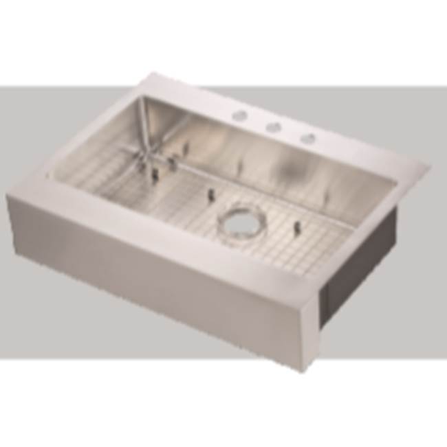 Compass Manufacturing 33X24X8 7 1/2 Flat Front Apron Farm Sink With Faucet Deck,, 3 Hole Sink, Retrofit, 18 Gauge, With Sink Grid, Dual Mount