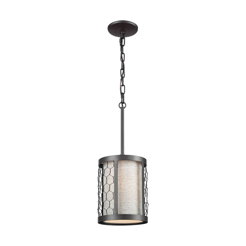 Elk Lighting Filmore 1-Light Mini Pendant in Oiled Bronze With Wire Mesh and Gray Linen Fabric Shade