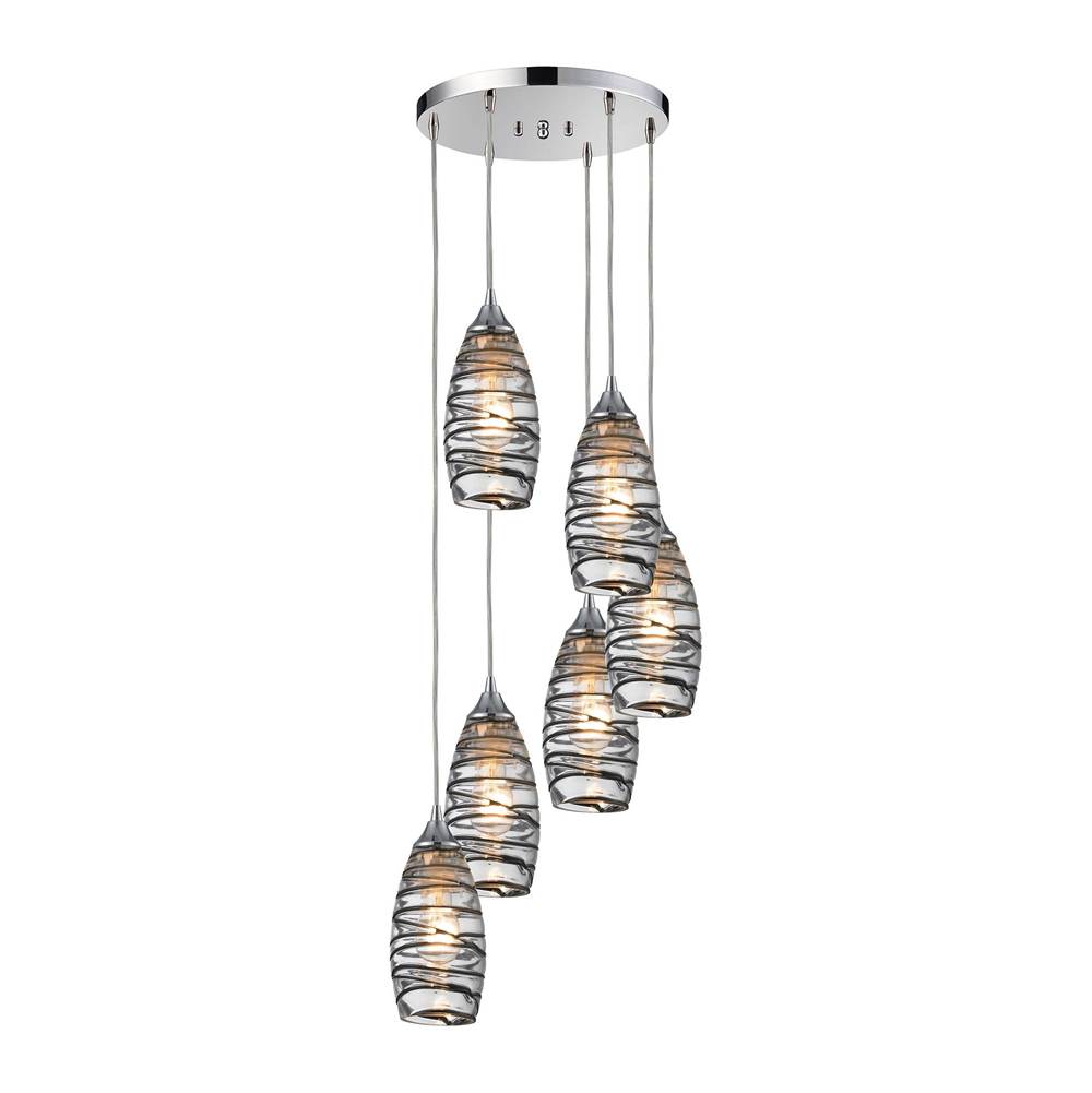 Elk Lighting Twister 6-Light Round Pendant Fixture in Polished Chrome With Sculpted Glass