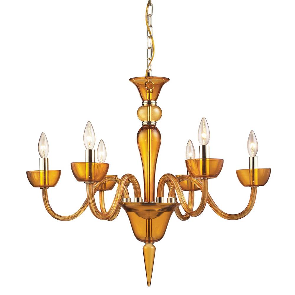 Elk Lighting Vidriana Collection 6-Light Chandelier in Amber Glass With Polished Chrome Accen