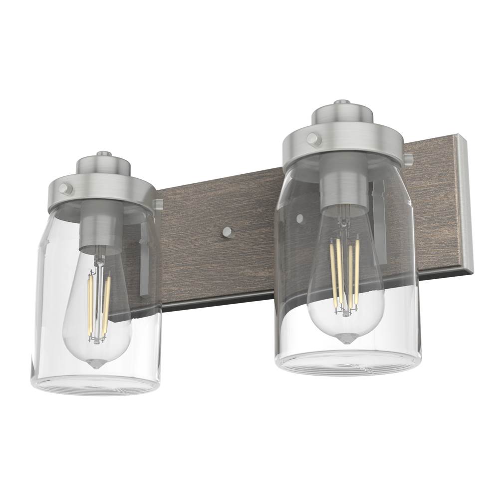 Hunter Devon Park Brushed Nickel and Grey Wood with Clear Glass 2 Light Vanity Wall Light Fixture