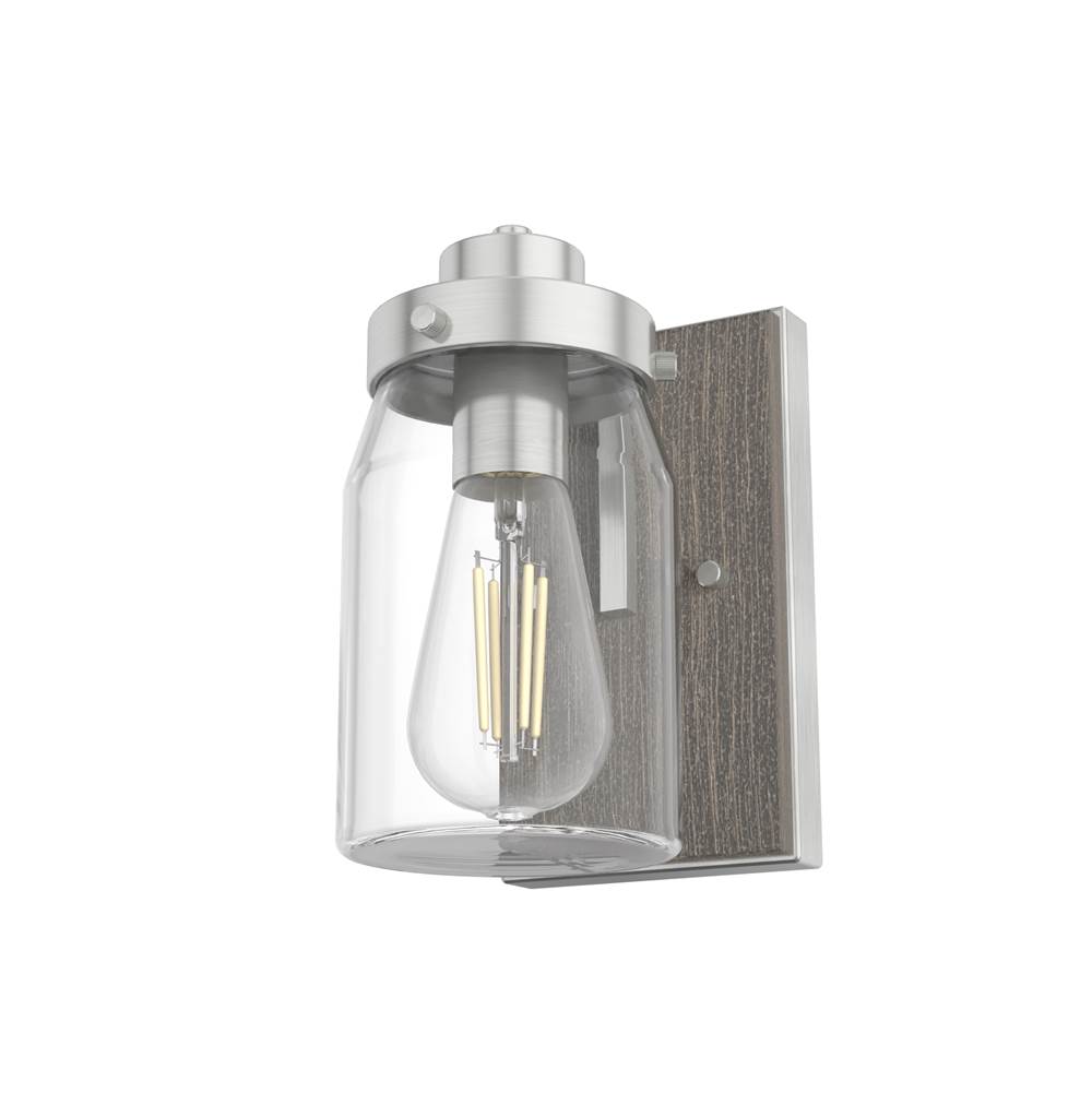 Hunter Devon Park Brushed Nickel and Grey Wood with Clear Glass 1 Light Sconce Wall Light Fixture
