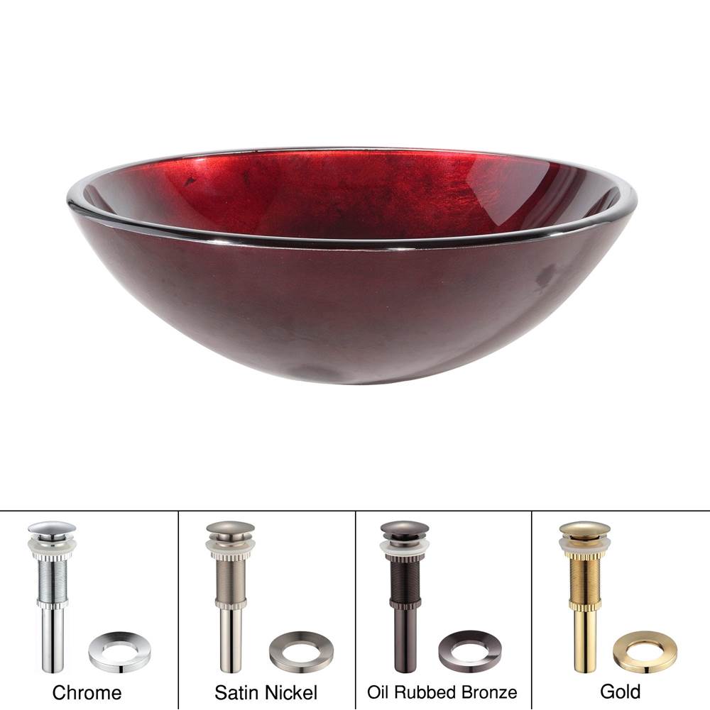 Kraus KRAUS Irruption Glass Vessel Sink in Red with Pop-Up Drain and Mounting Ring in Chrome
