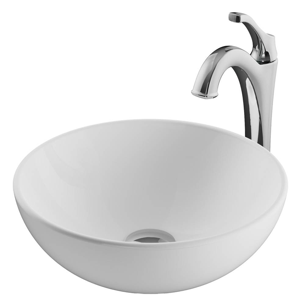 Kraus Elavo 14-inch Round White Porcelain Ceramic Bathroom Vessel Sink and Arlo Faucet Combo Set with Pop-Up Drain, Chrome Finish
