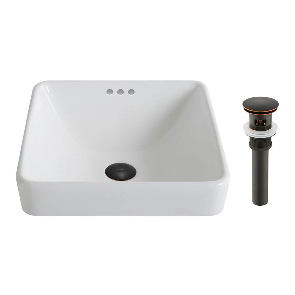 Kraus Elavo Series Square Ceramic Semi-Recessed Bathroom Sink in White with Overflow and Pop-Up Drain in Oil Rubbed Bronze