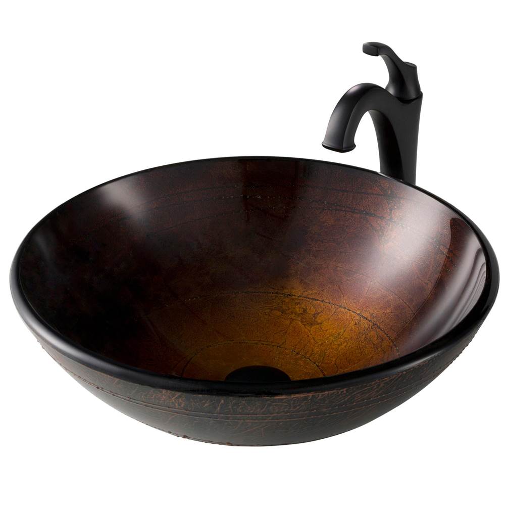 Kraus 16 1/2-inch Copper Brown Bathroom Vessel Sink and Matte Black Arlo Faucet Combo Set with Pop-Up Drain