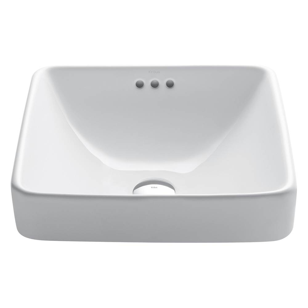 Kraus Elavo Square Semi-Recessed Vessel White Porcelain Ceramic Bathroom Sink with Overflow, 16 1/2 inch