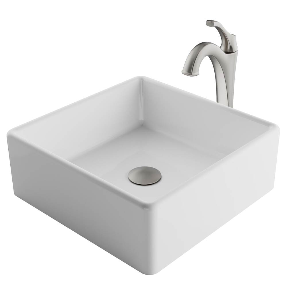 Kraus Elavo 15-inch Square White Porcelain Ceramic Bathroom Vessel Sink and Spot Free Arlo Faucet Combo Set with Pop-Up Drain in Stainless Brushed Nickel