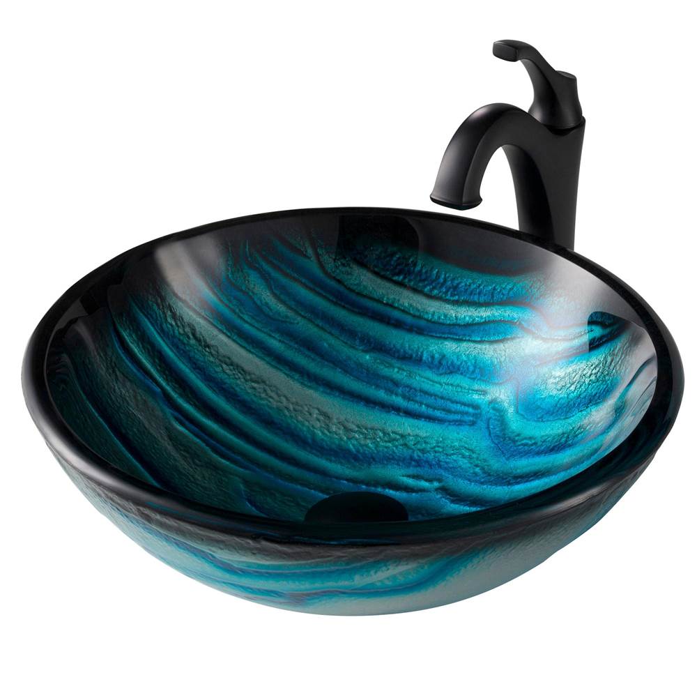 Kraus 17-inch Blue Glass Nature Series Bathroom Vessel Sink and Matte Black Arlo Faucet Combo Set with Pop-Up Drain