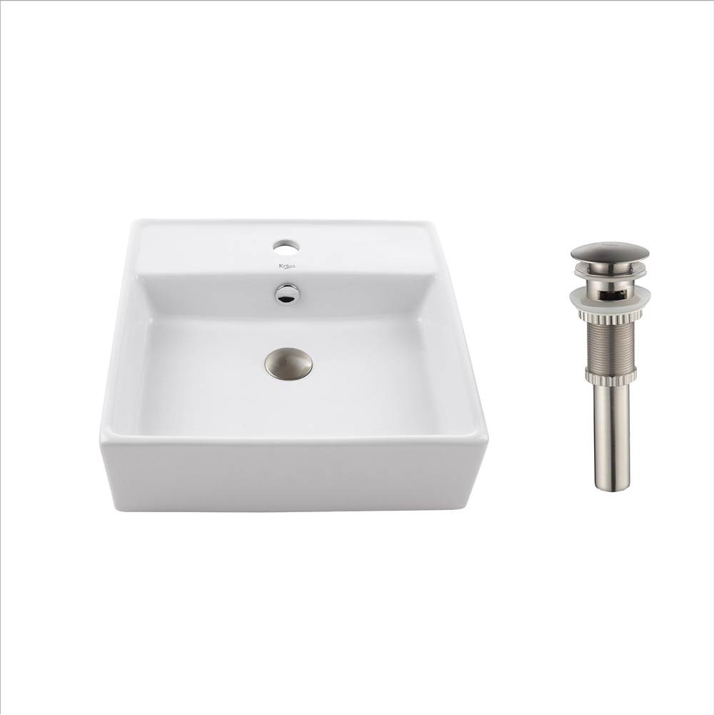 Kraus KRAUS Square Ceramic Vessel Bathroom Sink with Overflow in White and Pop-Up Drain in Satin Nickel
