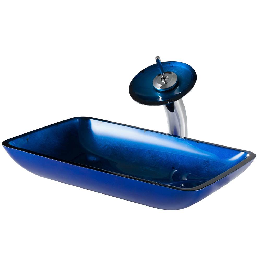 Kraus KRAUS Rectangular Blue Glass Bathroom Vessel Sink and Waterfall Faucet Combo Set with Matching Disk and Pop-Up Drain, Chrome Finish