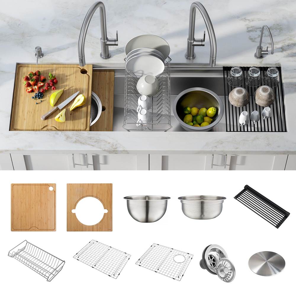 Kraus KRAUS Kore 2-Tier Workstation 57'' Undermount 16 Gauge Stainless Steel Single Bowl Kitchen Sink with 10 Piece Chef's Kit of Accessories
