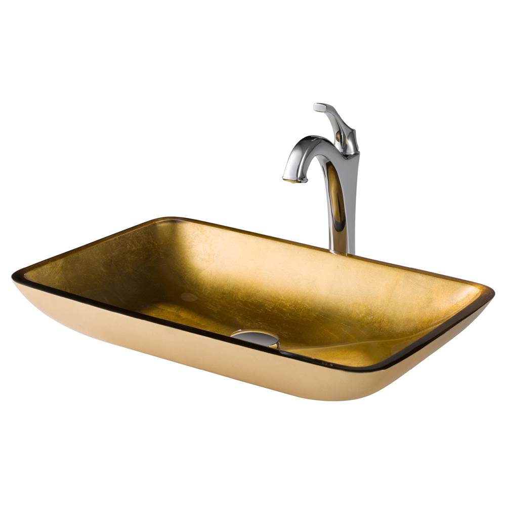 Kraus 22-inch Rectangular Gold Glass Bathroom Vessel Sink and Arlo Faucet Combo Set with Pop-Up Drain, Chrome Finish