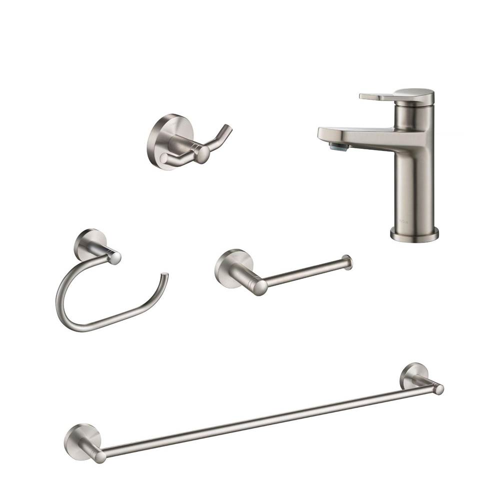 Kraus Indy Single Handle Bathroom Faucet in Spot-Free Stainless Steel with matching 24-inch Towel Bar, Paper Holder, Towel Ring and Robe Hook