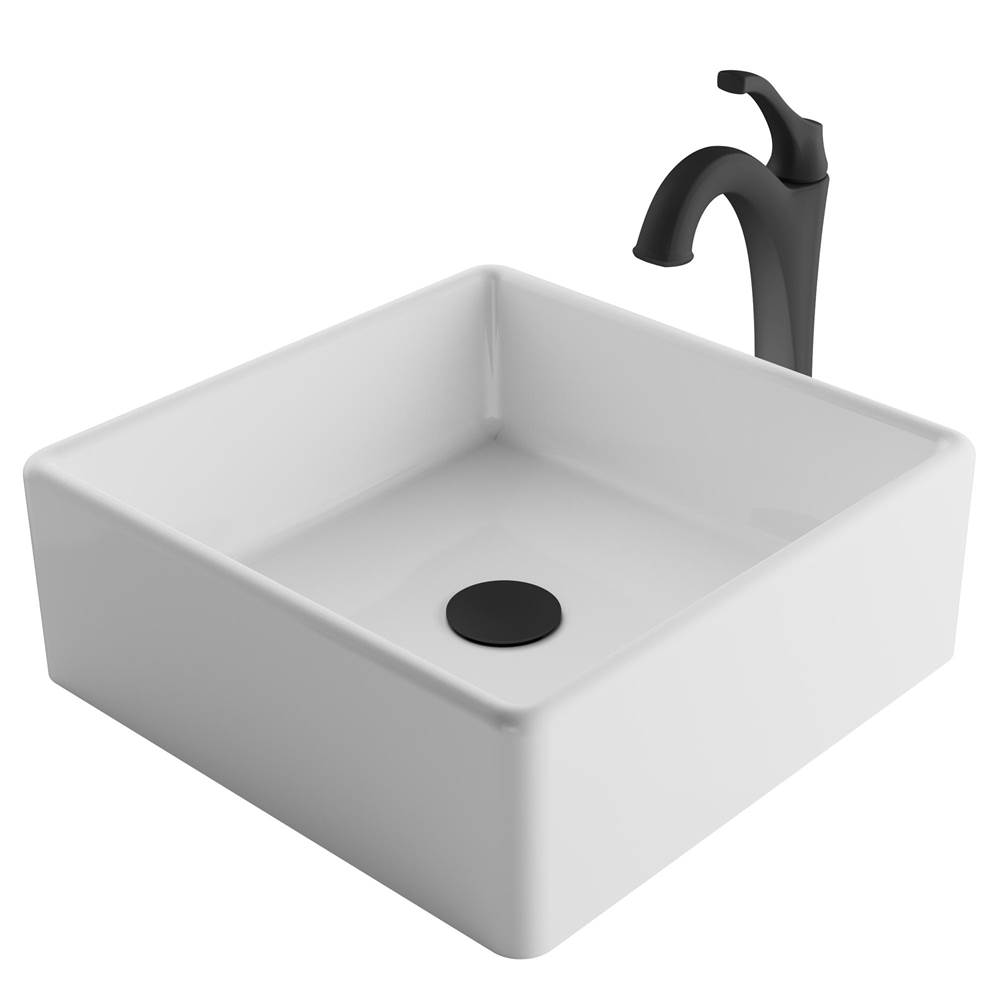 Kraus Elavo 15-inch Square White Porcelain Ceramic Bathroom Vessel Sink and Matte Black Arlo Faucet Combo Set with Pop-Up Drain