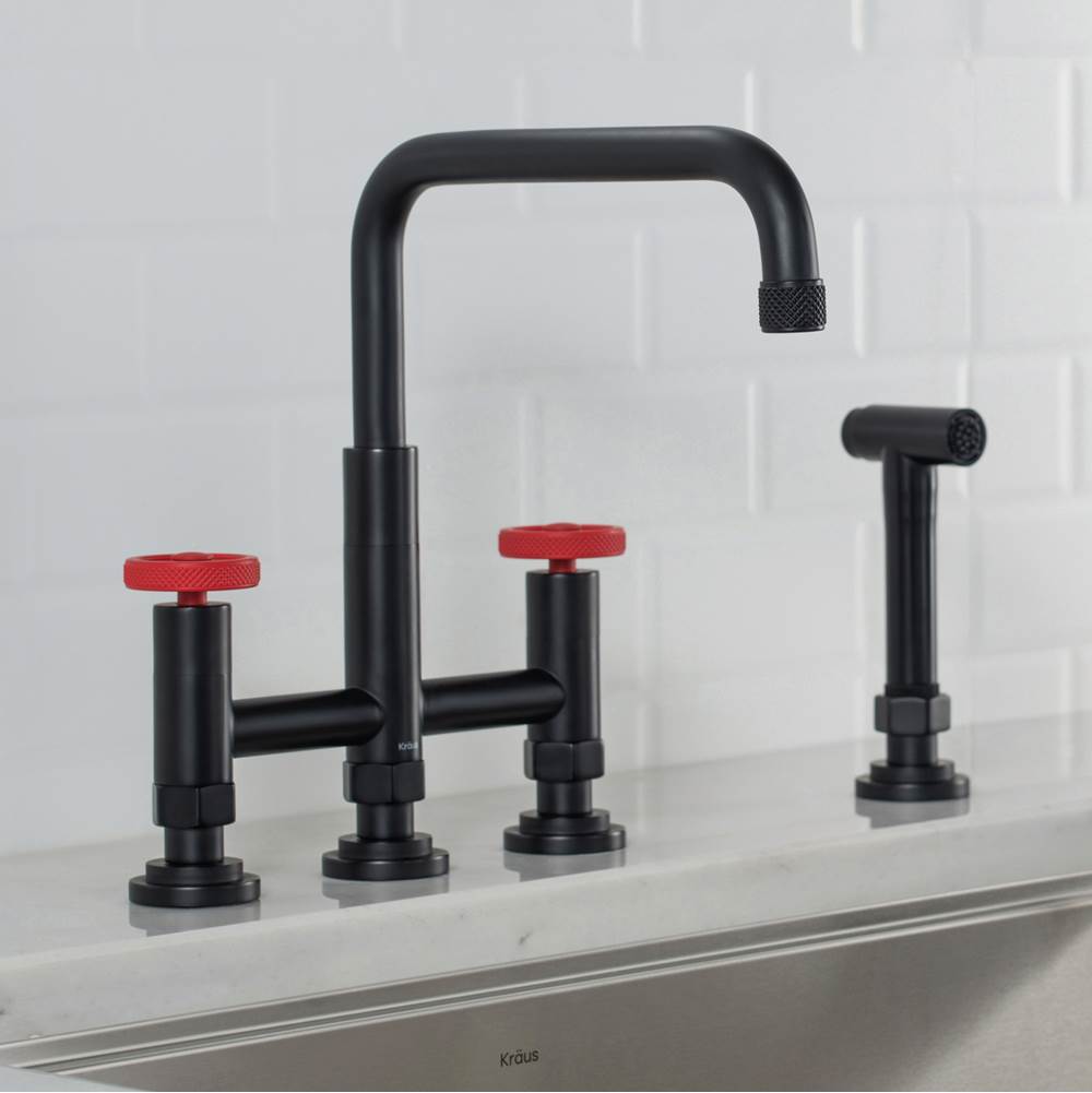Kraus Urbix Industrial Bridge Kitchen Faucet with Side Sprayer in Matte Black/Red