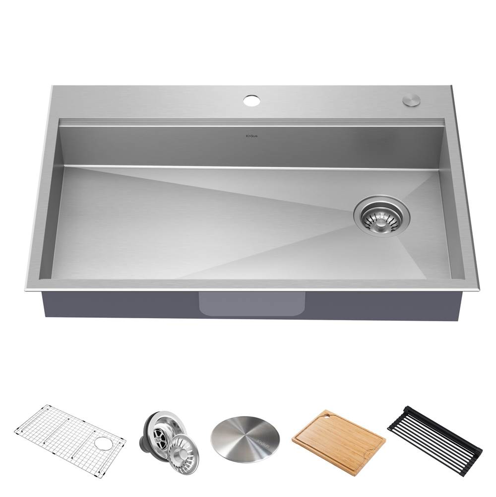 Kraus Kore ADA Workstation 33'' Drop-In Top Mount 16 Gauge Stainless Steel Single Bowl Kitchen Sink with Accessories