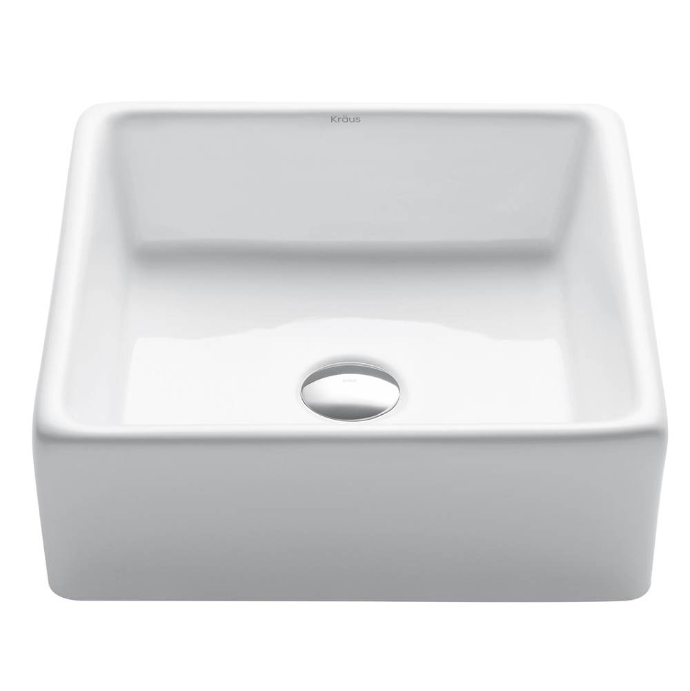 Kraus Elavo Square Vessel White Porcelain Ceramic Bathroom Sink, 15 inch