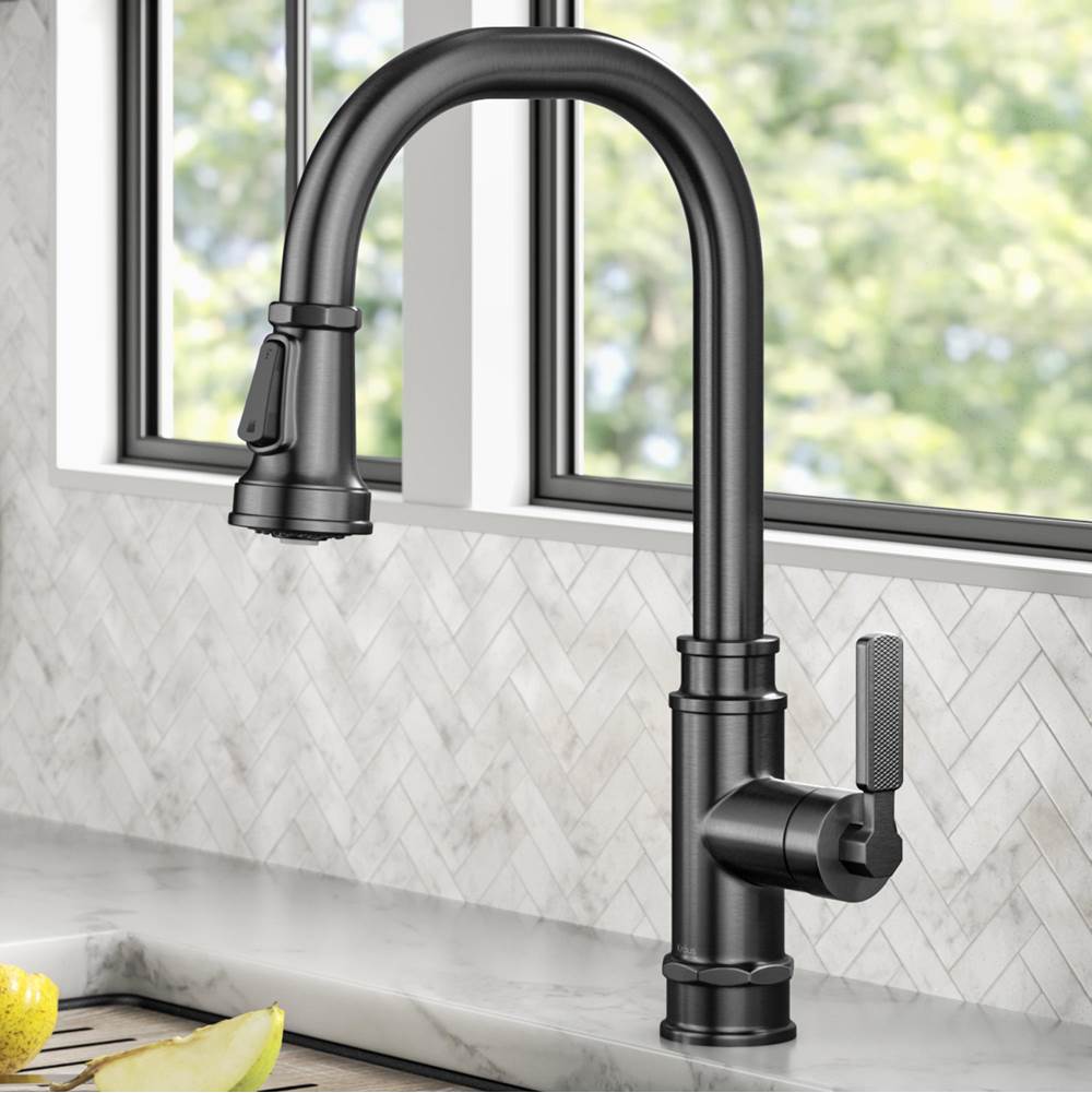 Kraus Allyn Transitional Industrial Pull Down Single Handle Kitchen Faucet In Spot Free Black Stainless Steel