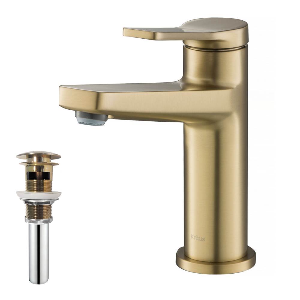 Kraus Indy Single Handle Bathroom Faucet and Pop Up Drain with Overflow in Brushed Gold