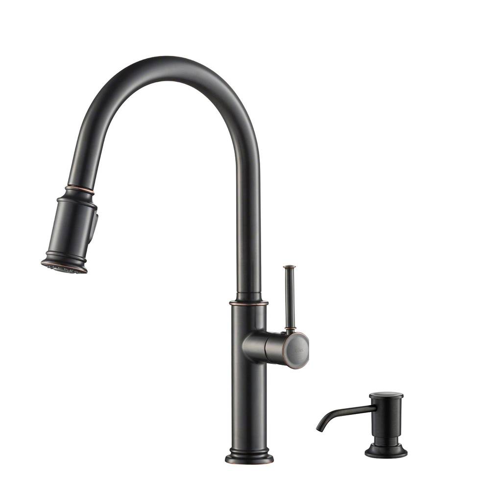 Kraus Sellette Single Handle Pull Down Kitchen Faucet with Deck Plate and Soap Dispenser in Oil Rubbed Bronze Finish
