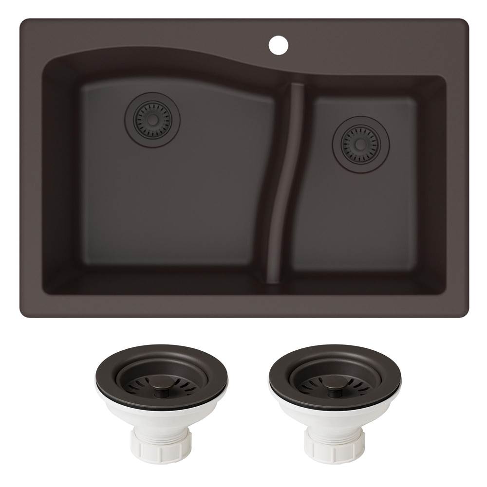 Kraus Quarza 33'' Dual Mount 60/40 Double Bowl Granite Kitchen Sink and Strainers in Brown