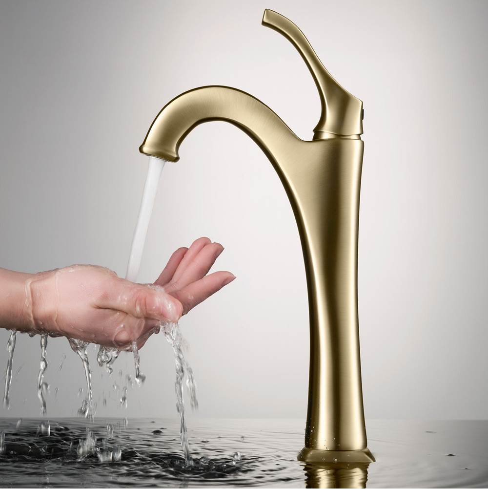 Kraus Arlo Brushed Gold Tall Vessel Bathroom Faucet with Pop-Up Drain