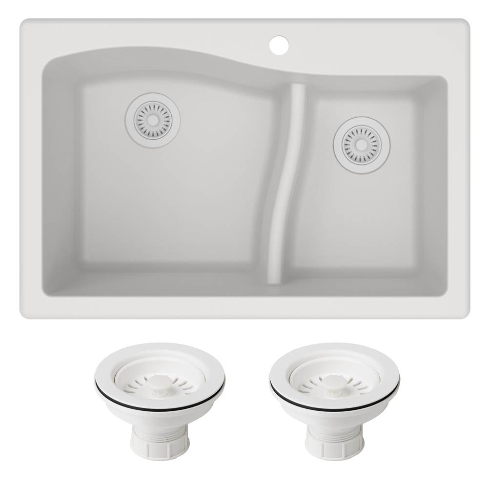 Kraus Quarza 33'' Dual Mount 60/40 Double Bowl Granite Kitchen Sink and Strainers in White