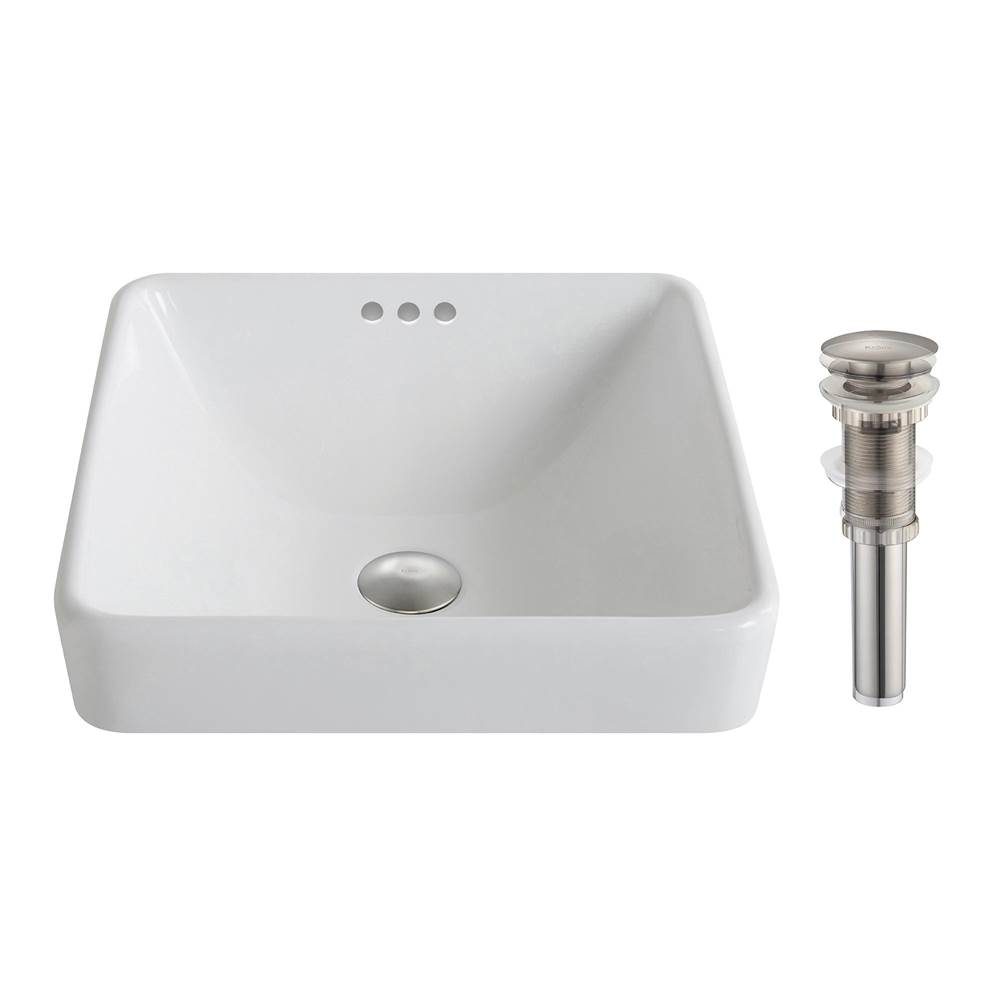Kraus Elavo Series Square Ceramic Semi-Recessed Bathroom Sink in White with Overflow and Pop-Up Drain in Brushed Nickel