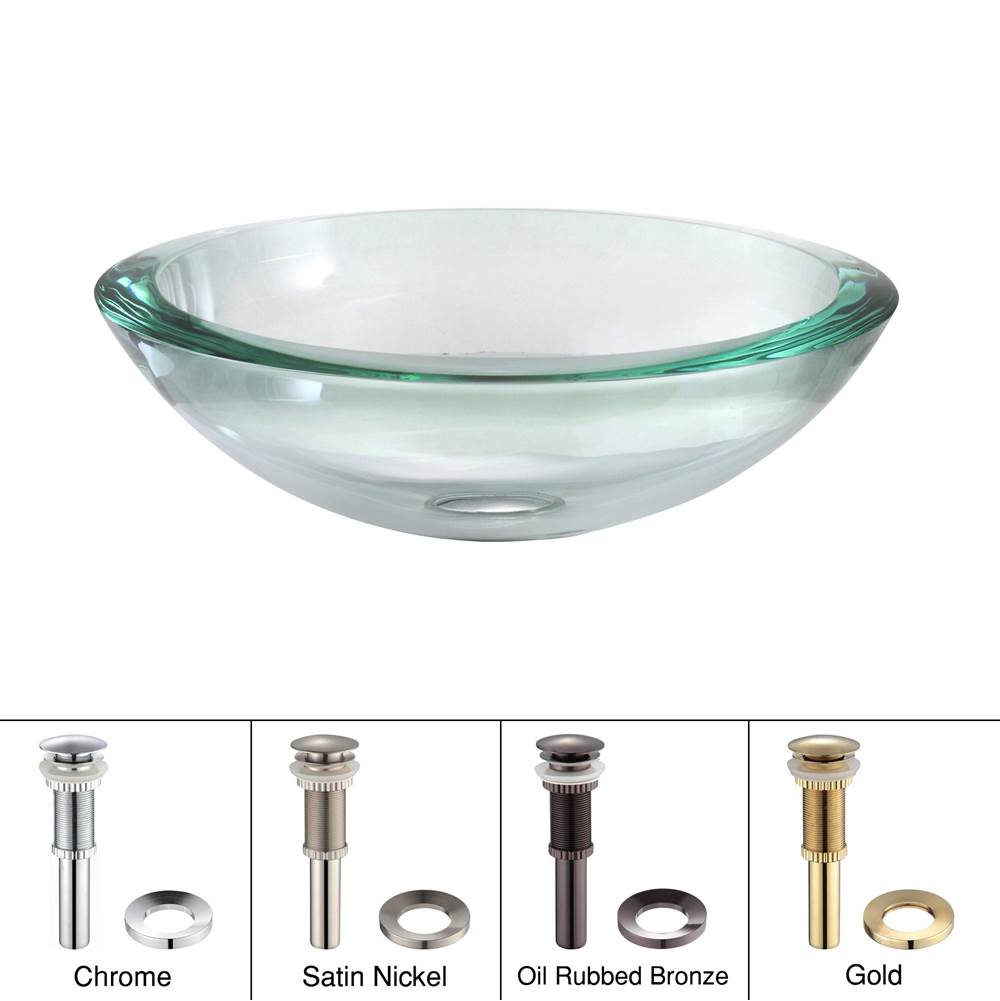 Kraus KRAUS 34 mm Thick Glass Vessel Sink in Clear with Pop-Up Drain and Mounting Ring in Satin Nickel