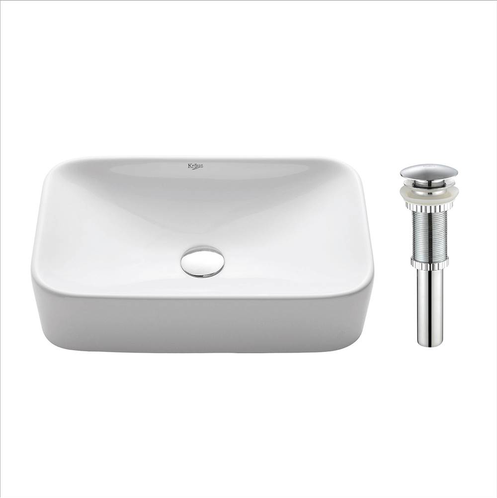 Kraus KRAUS Soft Rectangular Ceramic Vessel Bathroom Sink in White with Pop-Up Drain in Chrome