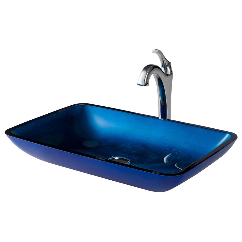 Kraus 22-inch Rectangular Blue Glass Bathroom Vessel Sink and Arlo Faucet Combo Set with Pop-Up Drain, Chrome Finish