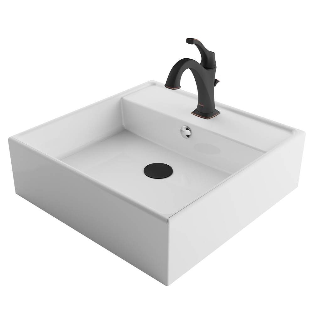 Kraus Elavo 18 1/2-inch Square White Porcelain Ceramic Bathroom Vessel Sink with Overflow and Matte Black Arlo Faucet Combo Set with Lift Rod Drain