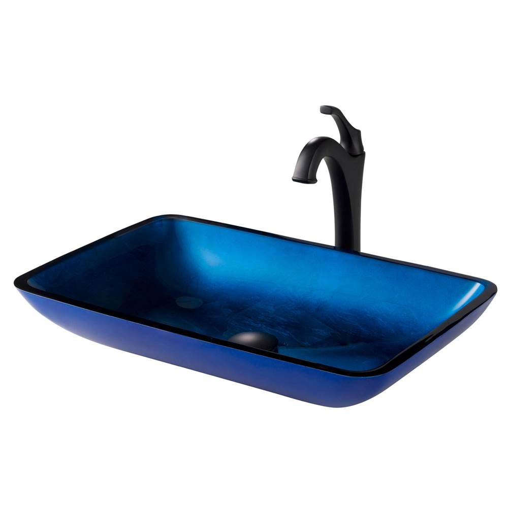 Kraus 22-inch Rectangular Blue Glass Bathroom Vessel Sink and Matte Black Arlo Faucet Combo Set with Pop-Up Drain