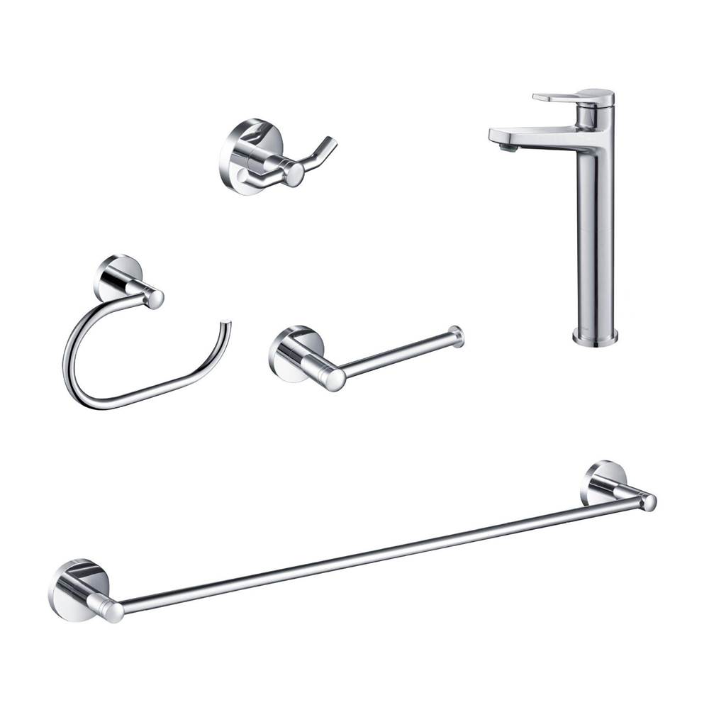 Kraus Indy Single Handle Vessel Bathroom Faucet with 24-inch Towel Bar, Paper Holder, Towel Ring and Robe Hook in Chrome