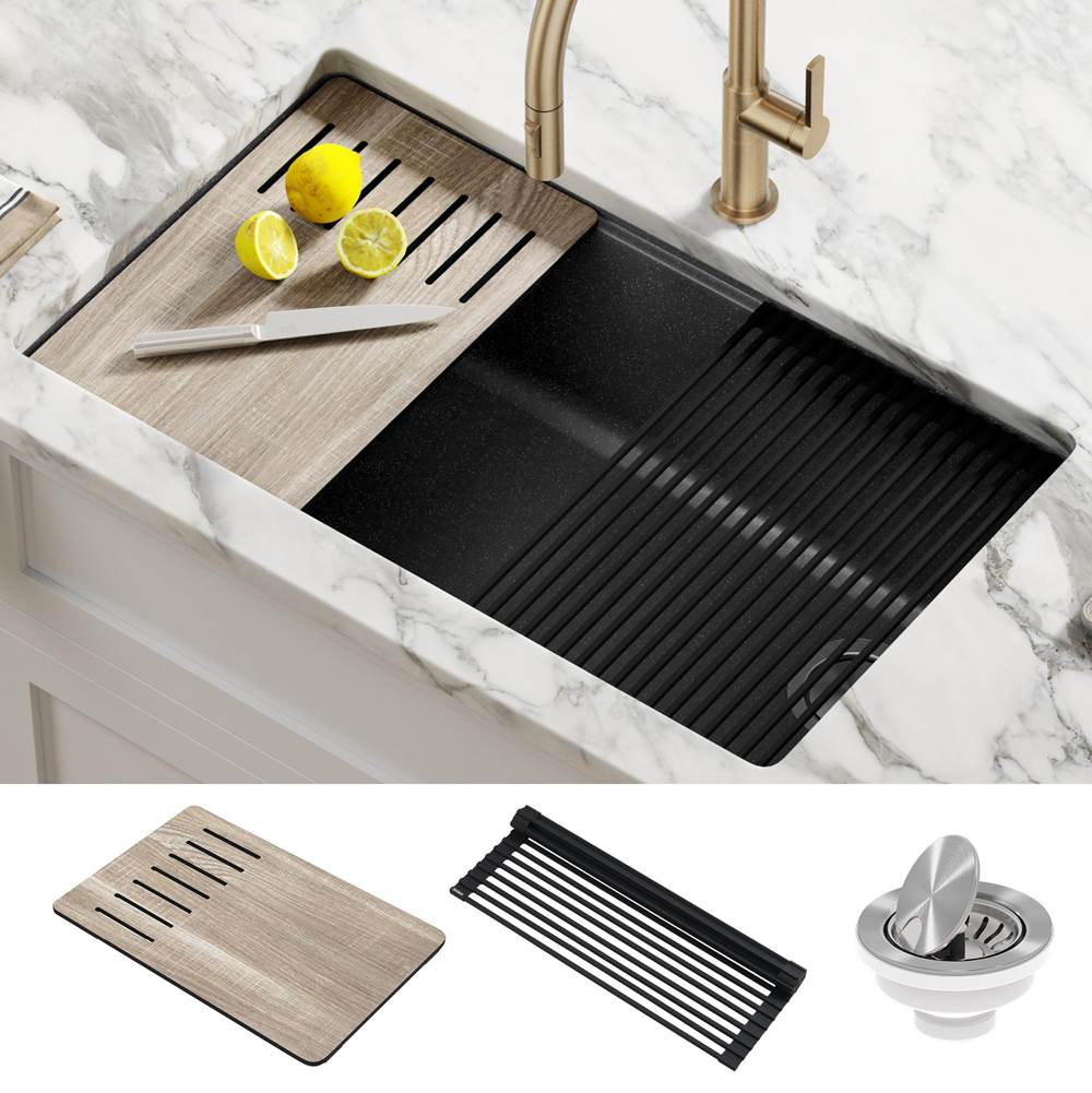 Kraus Bellucci Workstation 33 in. Undermount Granite Composite Single Bowl Kitchen Sink in Metallic Black with Accessories