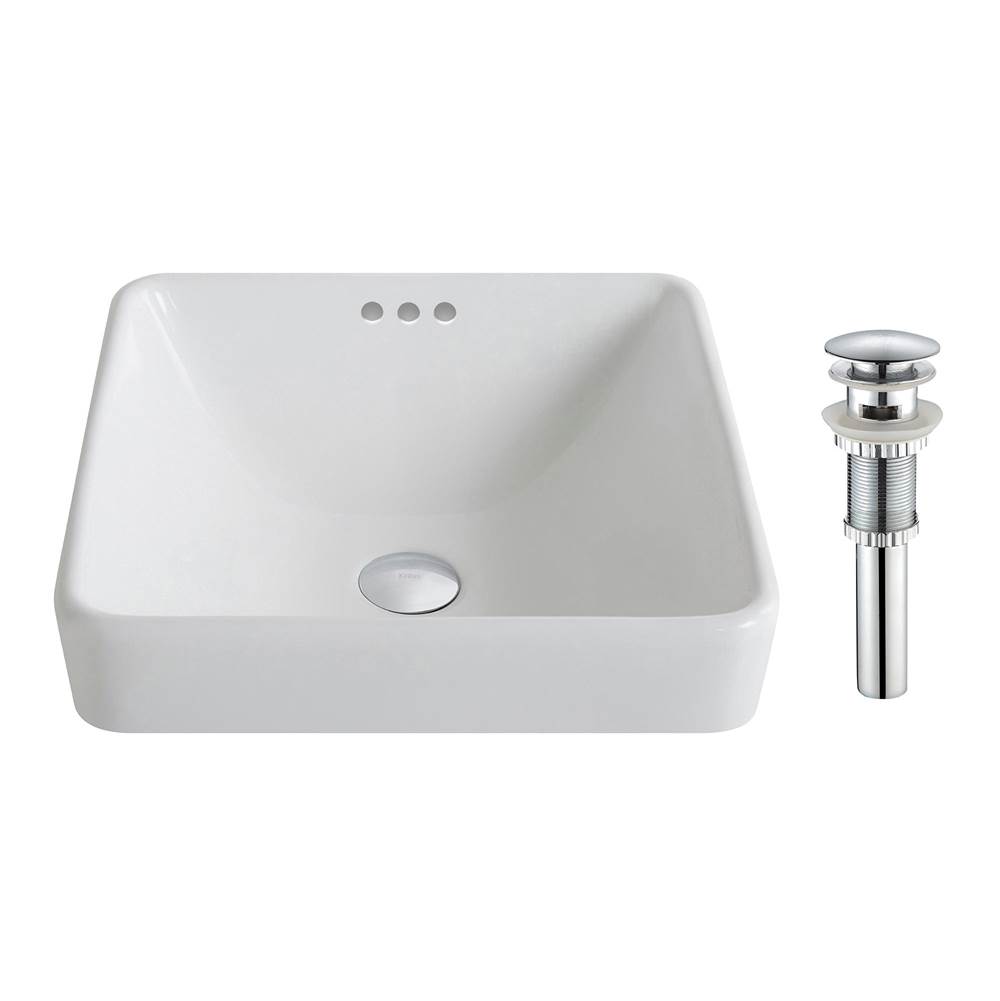 Kraus Elavo Series Square Ceramic Semi-Recessed Bathroom Sink in White with Overflow and Pop-Up Drain in Chrome