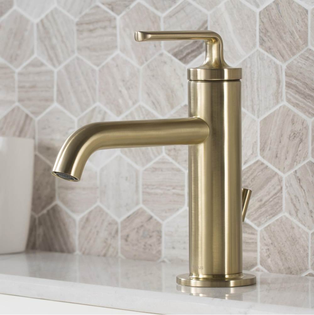 Kraus Ramus Single Handle Bathroom Sink Faucet with Lift Rod Drain in Brushed Gold