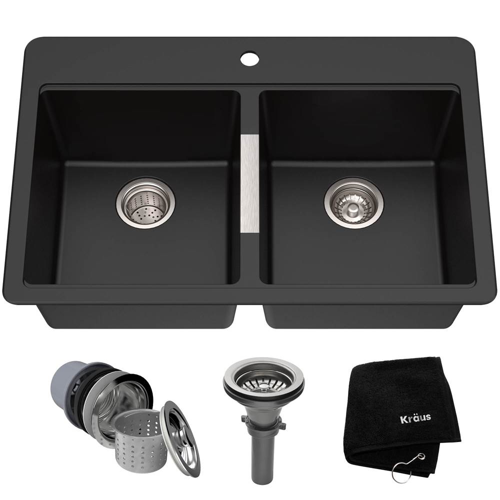 Kraus KRAUS 33 Inch Dual Mount 50/50 Double Bowl Granite Kitchen Sink w/ Topmount and Undermount Installation in Black Onyx