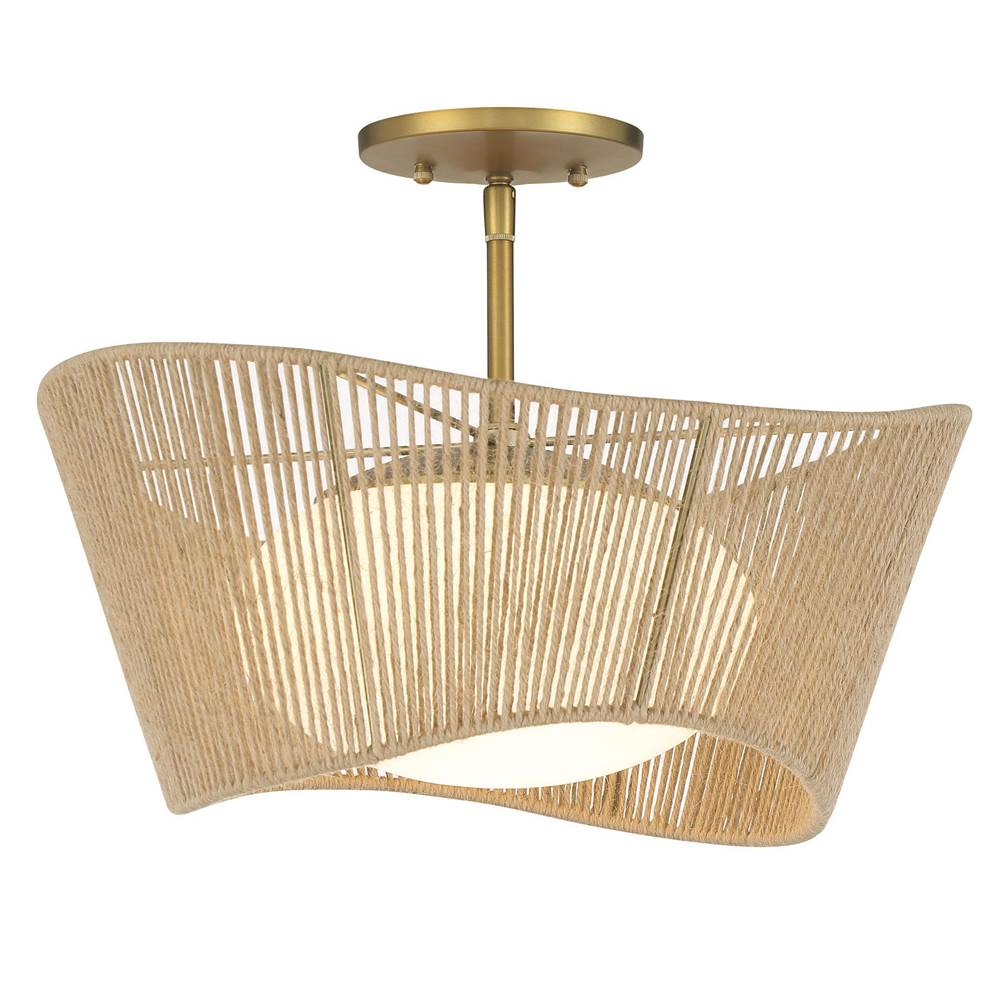 Minka-Lavery Key Largo Soft Brass Semi Flush Mount with Etched Opal Glass and Natural Rope Shade