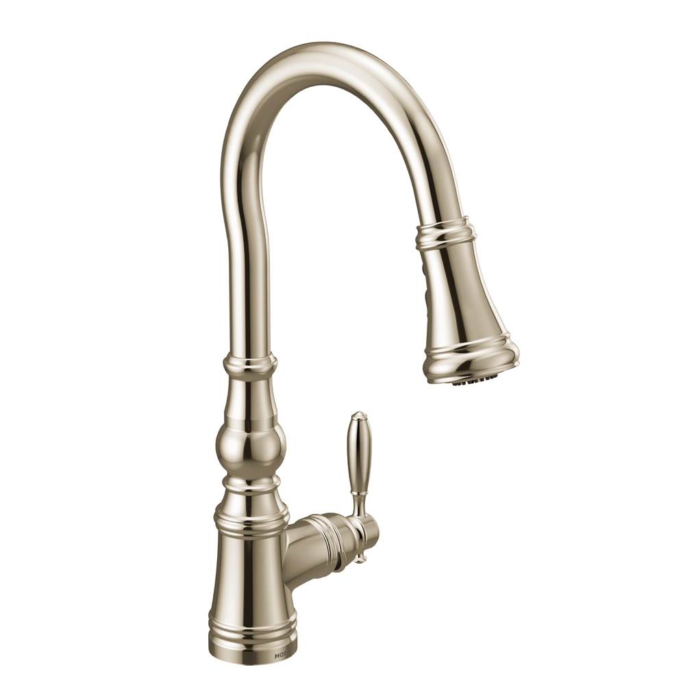Moen Weymouth Shepherd''s Hook Pulldown Kitchen Faucet Featuring Metal Wand with Power Boost, Polished Nickel
