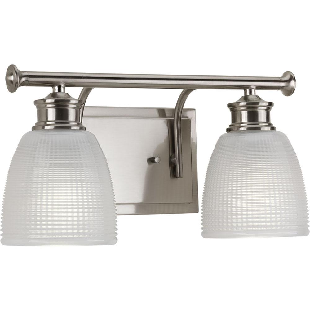 Progress Lighting Lucky Collection Two-Light Brushed Nickel Frosted Prismatic Glass Coastal Bath Vanity Light