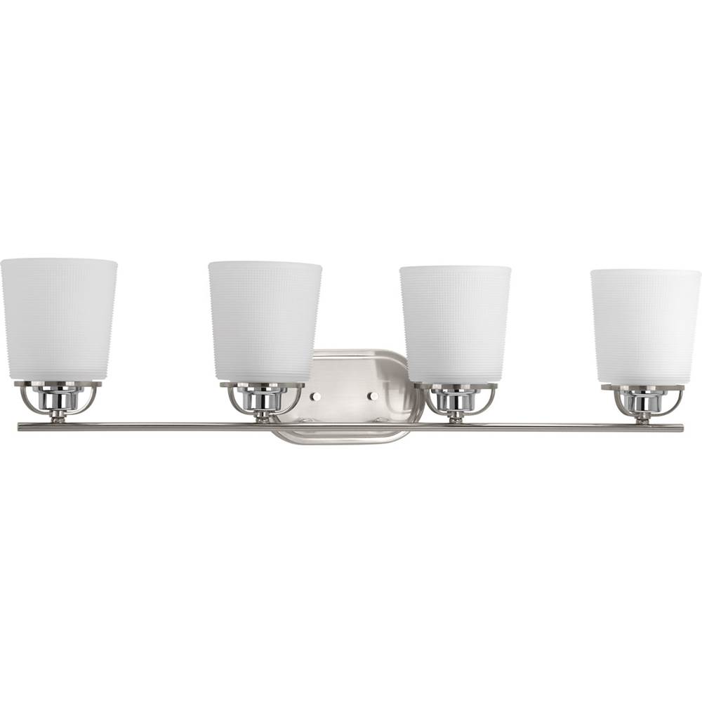 Progress Lighting West Village Collection Four-Light Brushed Nickel Etched Double Prismatic Glass Farmhouse Bath Vanity Light