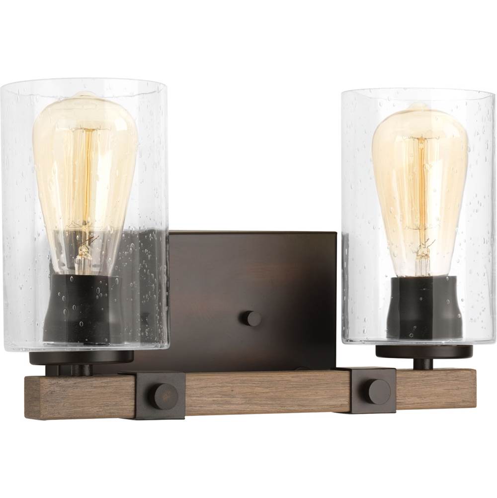 Progress Lighting Barnes Mill Collection Two-Light Antique Bronze Clear Seeded Glass Farmhouse Bath Vanity Light