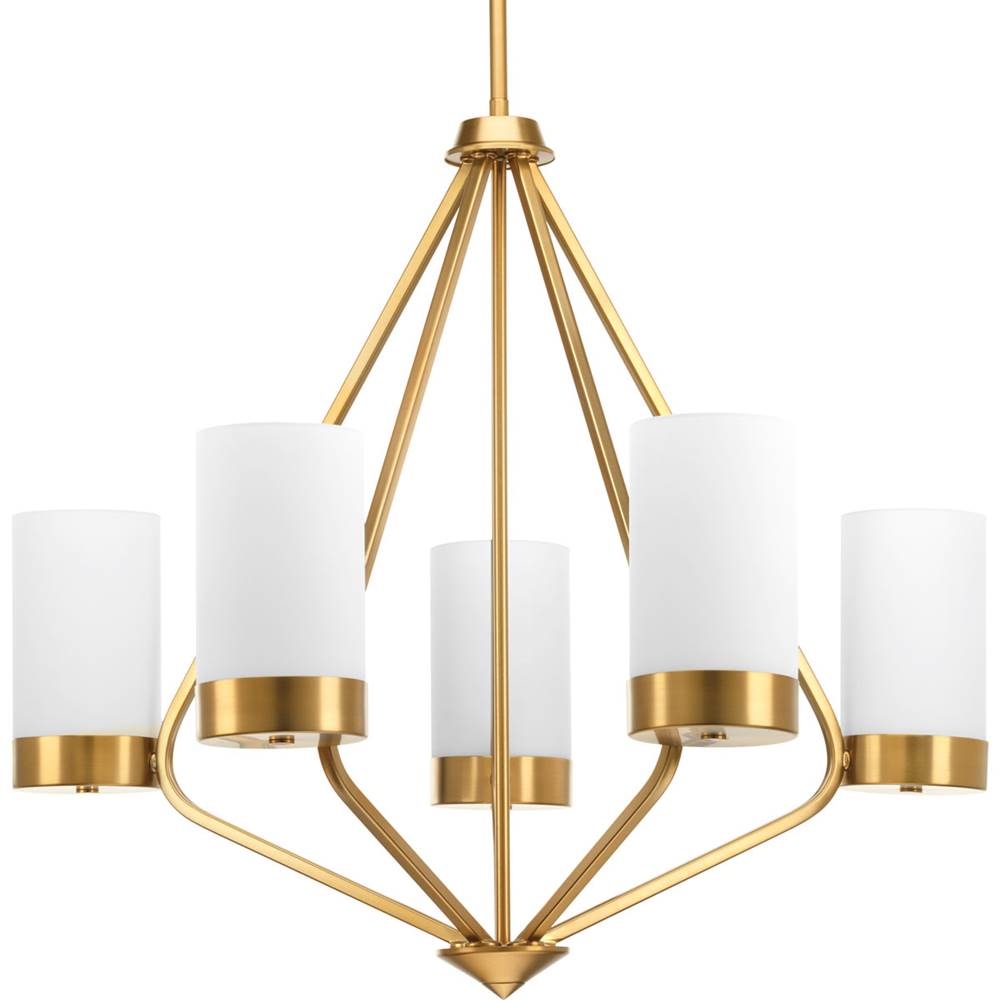 Progress Lighting Elevate Collection Five-Light Brushed Bronze Etched White Glass Mid-Century Modern Chandelier Light