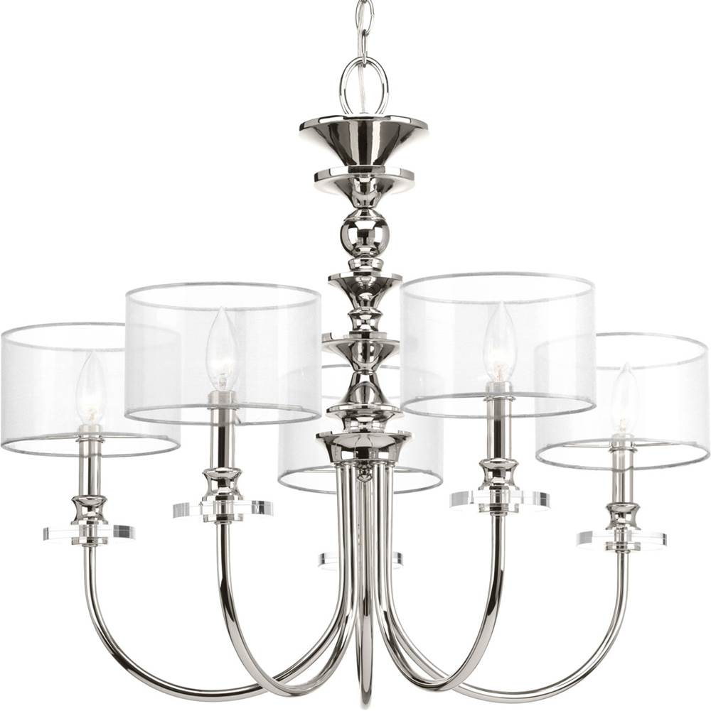 Progress Lighting Marche Collection Five-Light Polished Nickel Grey Mylar Shade Luxe Chandelier Light